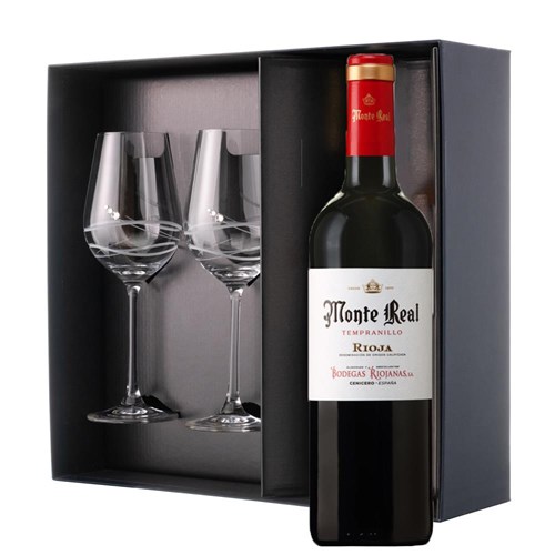 Monte Real Tempranillo 75cl Red Wine And Diamante Venezia Glasses Gift Box Set